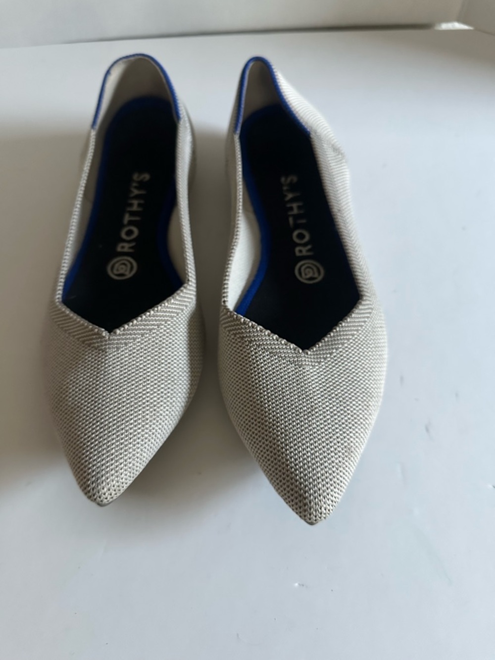 Rothy's Pointed Knit Flats in Light Gray with Blue Insole Trim